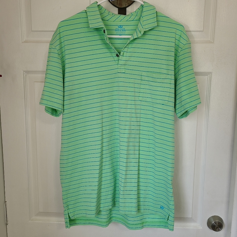 (856) Peter Millar Men's Short Sleeve Three Button Polo Shirt,Size:M, Green